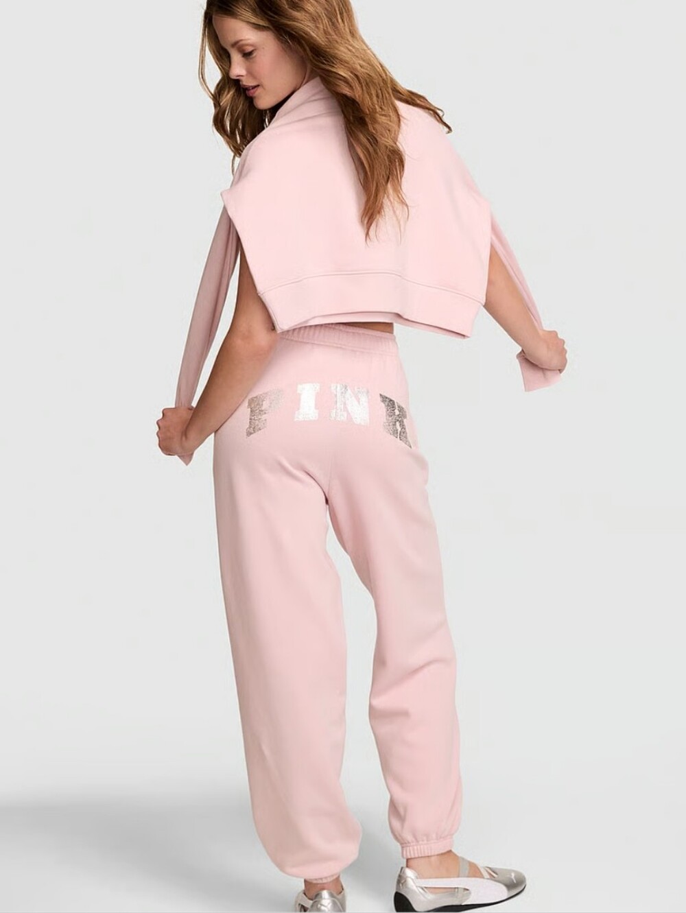 PINK Victoria's Secret Blush Pink Silver-Logo Crop Sweat Top & Joggers Set